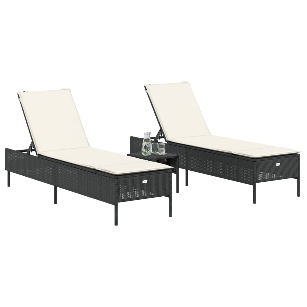vidaXL Sonnenliegen mit Auflagen 2 Stk. Schwarz Poly Rattan