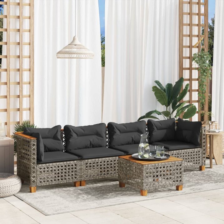 5-tlg. Garten-Sofagarnitur mit Kissen Schwarz Poly Rattan