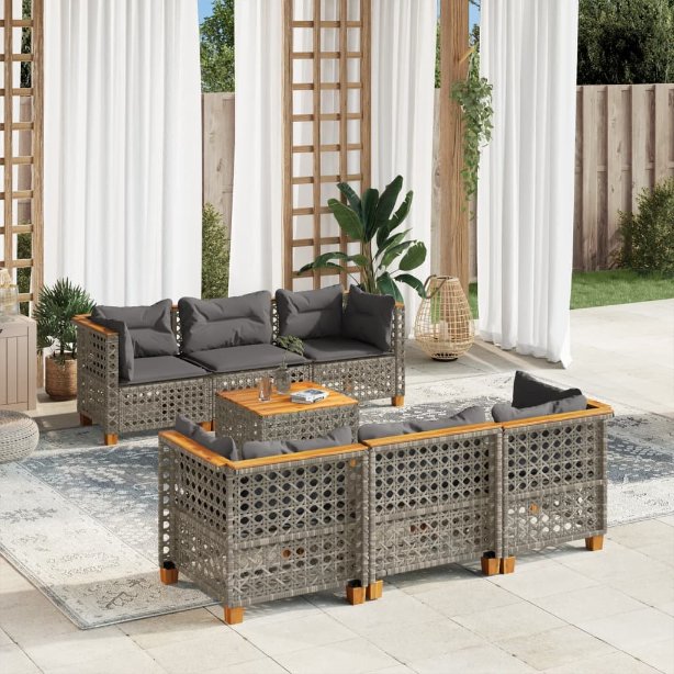 7-tlg. Garten-Sofagarnitur mit Kissen Schwarz Poly Rattan