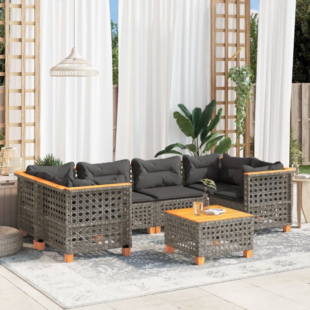 7-tlg. Garten-Sofagarnitur mit Kissen Schwarz Poly Rattan