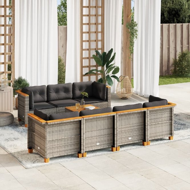 8-tlg. Garten-Sofagarnitur mit Kissen Schwarz Poly Rattan