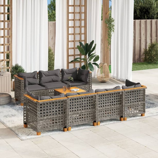 8-tlg. Garten-Sofagarnitur mit Kissen Schwarz Poly Rattan