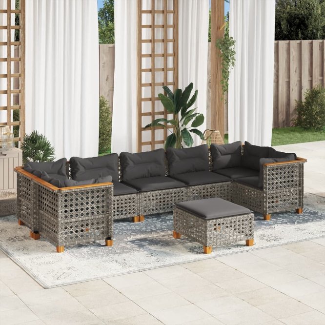 8-tlg. Garten-Sofagarnitur mit Kissen Schwarz Poly Rattan