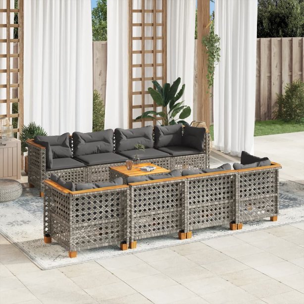 9-tlg. Garten-Sofagarnitur mit Kissen Schwarz Poly Rattan