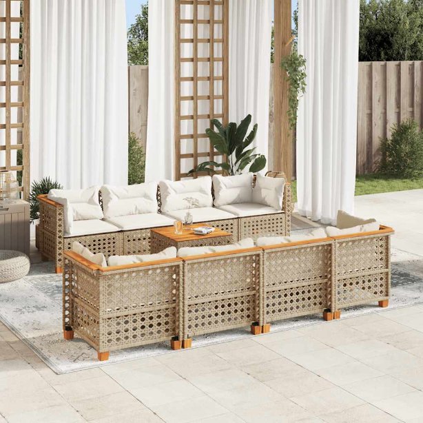 9-tlg. Garten-Sofagarnitur mit Kissen Schwarz Poly Rattan