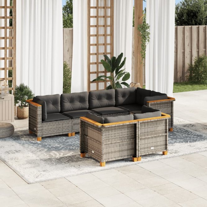 7-tlg. Garten-Sofagarnitur mit Kissen Schwarz Poly Rattan