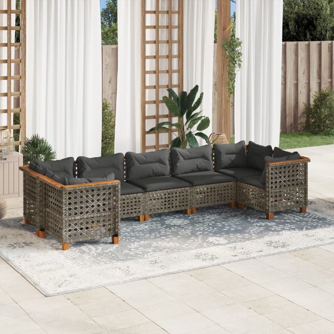 7-tlg. Garten-Sofagarnitur mit Kissen Schwarz Poly Rattan