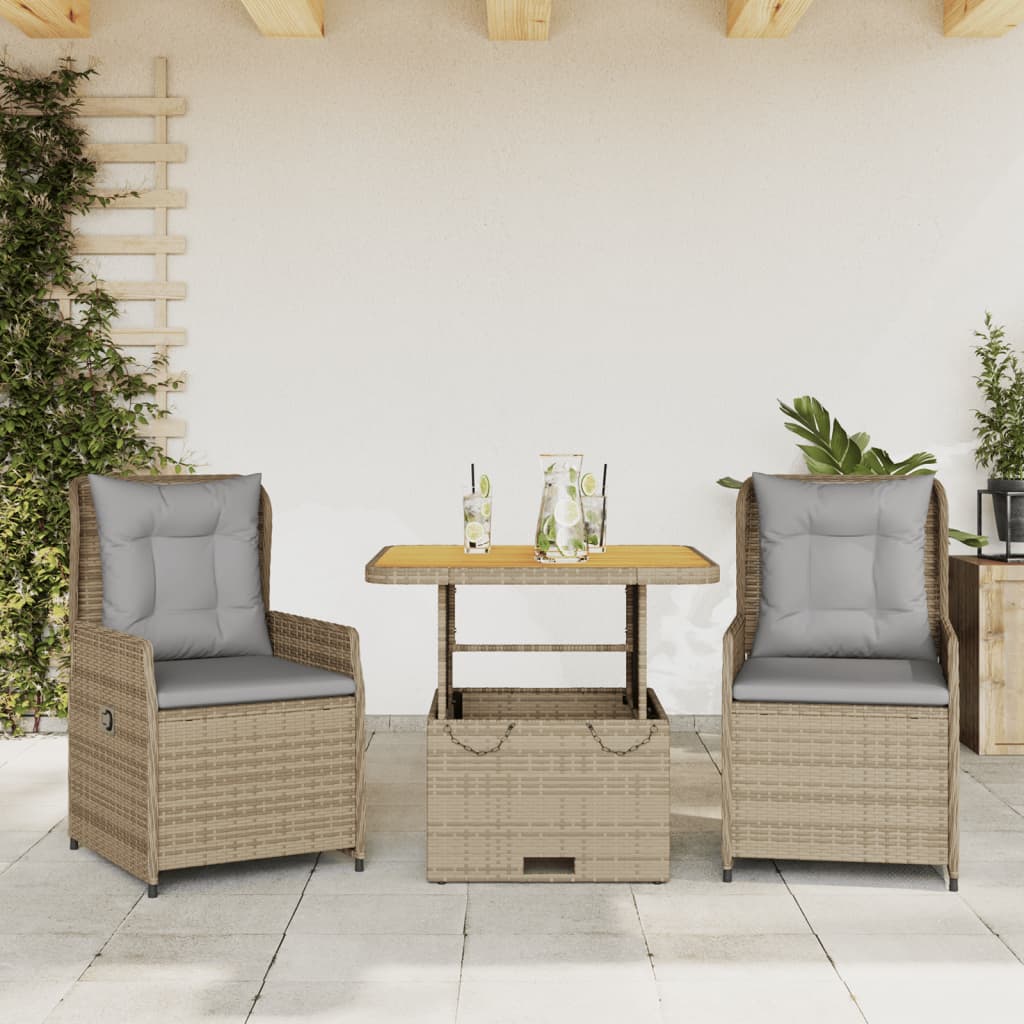 3-tlg. Bistro-Set mit Kissen Schwarz Poly Rattan