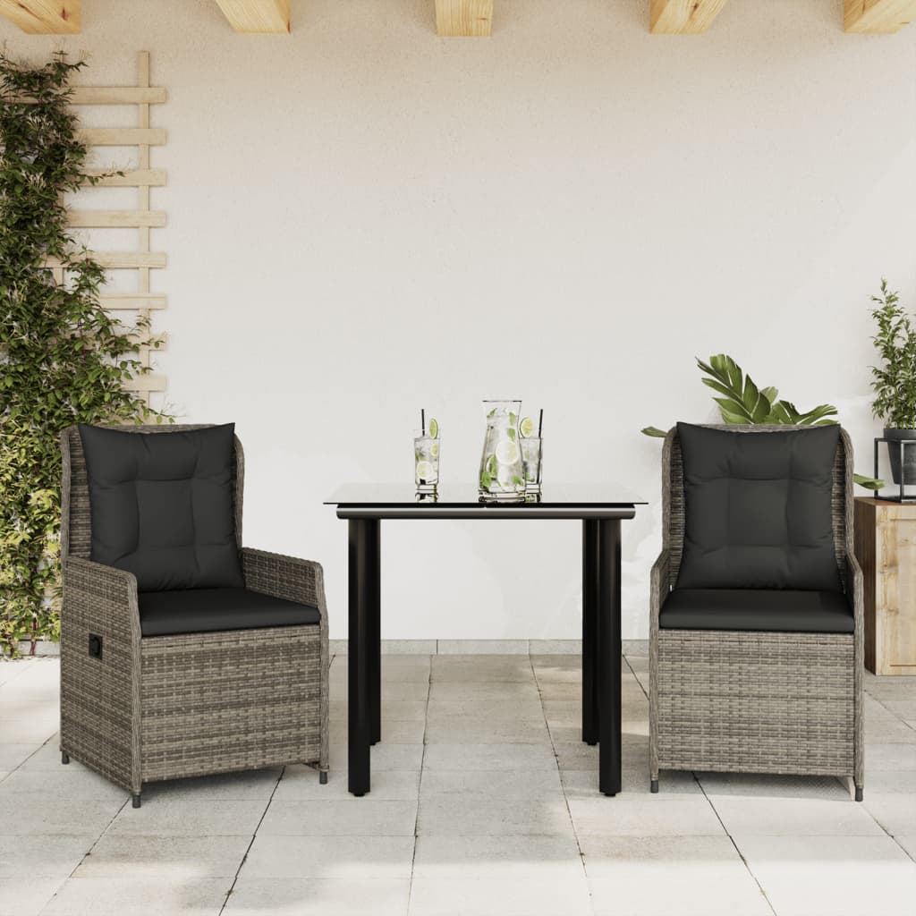 3-tlg. Garten-Essgruppe mit Kissen Schwarz Poly Rattan