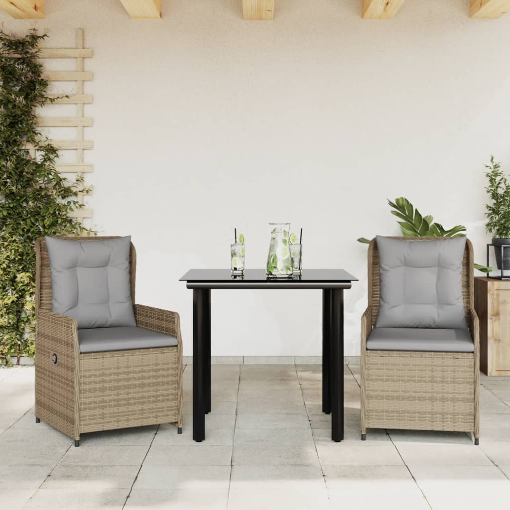 3-tlg. Garten-Essgruppe mit Kissen Schwarz Poly Rattan