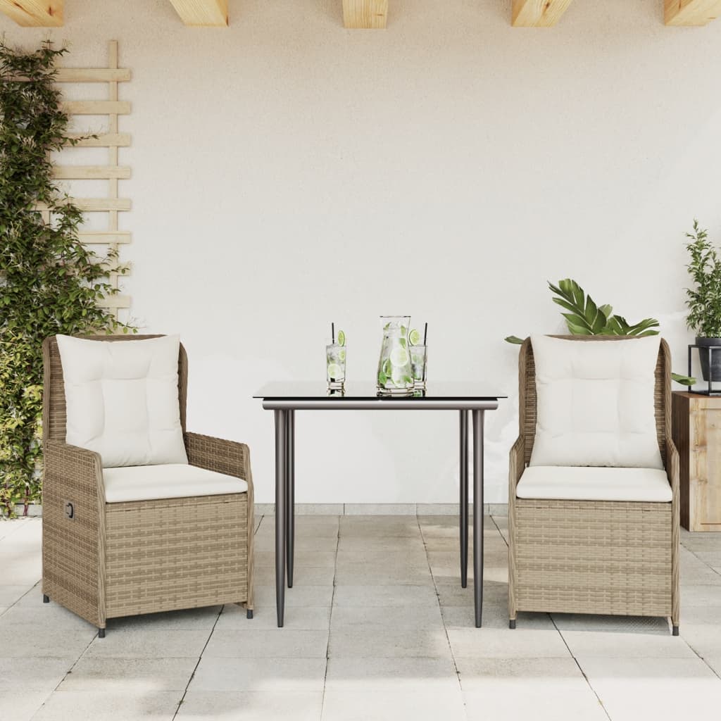 3-tlg. Garten-Essgruppe mit Kissen Schwarz Poly Rattan