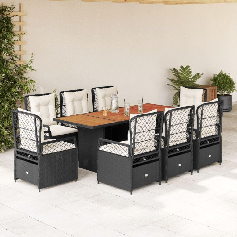 7-tlg. Garten-Essgruppe mit Kissen Schwarz Poly Rattan