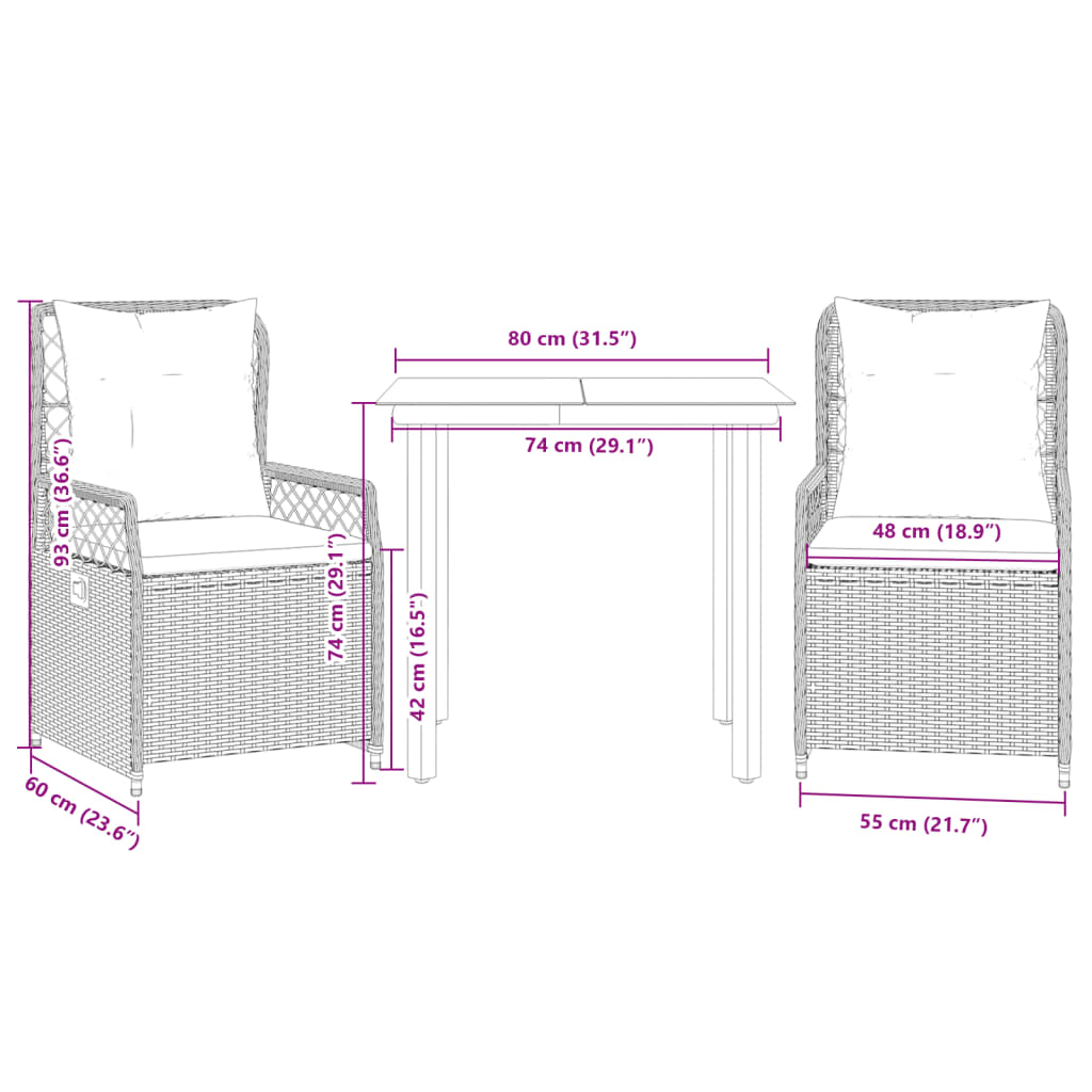 3-tlg. Garten-Essgruppe mit Kissen Schwarz Poly Rattan