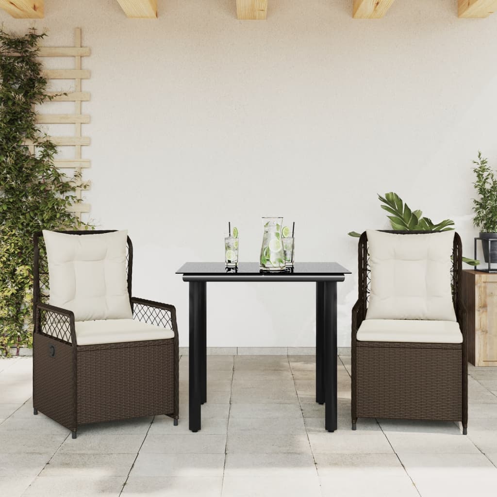 3-tlg. Garten-Essgruppe mit Kissen Schwarz Poly Rattan