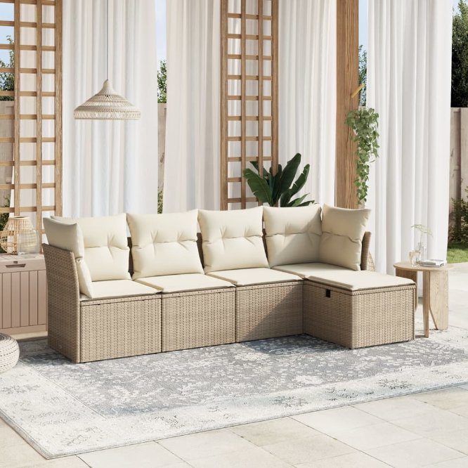 5-tlg. Garten-Sofagarnitur mit Kissen Schwarz Poly Rattan