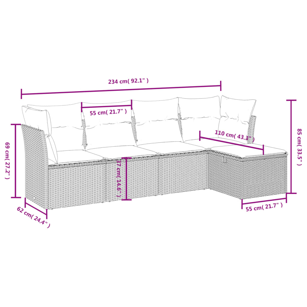 5-tlg. Garten-Sofagarnitur mit Kissen Grau Poly Rattan