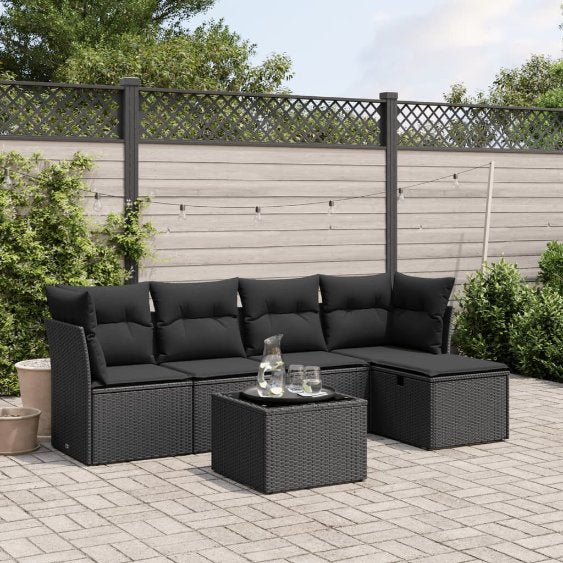 5-tlg. Garten-Sofagarnitur mit Kissen Schwarz Poly Rattan