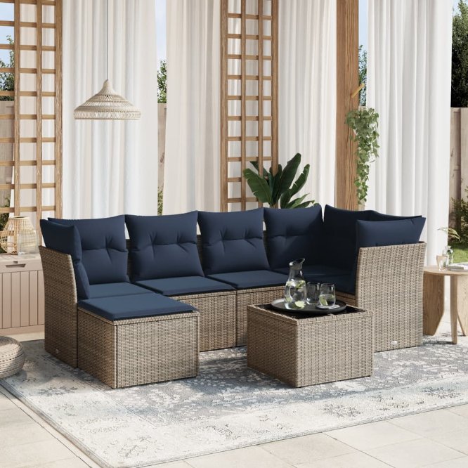 6-tlg. Garten-Sofagarnitur mit Kissen Grau Poly Rattan