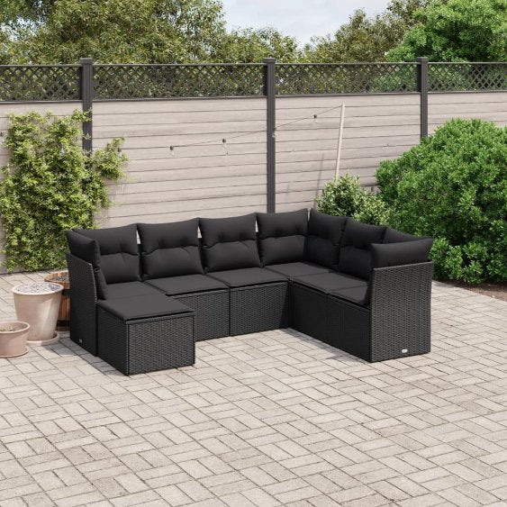 7-tlg. Garten-Sofagarnitur mit Kissen Schwarz Poly Rattan