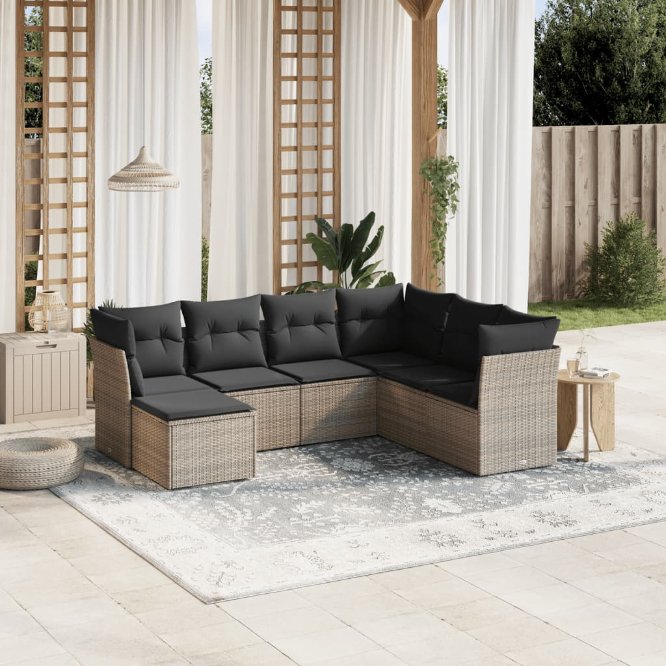 7-tlg. Garten-Sofagarnitur mit Kissen Schwarz Poly Rattan