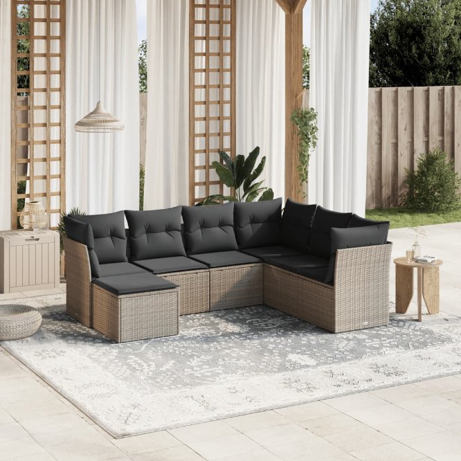 7-tlg. Garten-Sofagarnitur mit Kissen Schwarz Poly Rattan