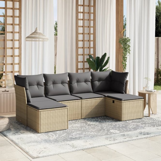6-tlg. Garten-Sofagarnitur mit Kissen Schwarz Poly Rattan