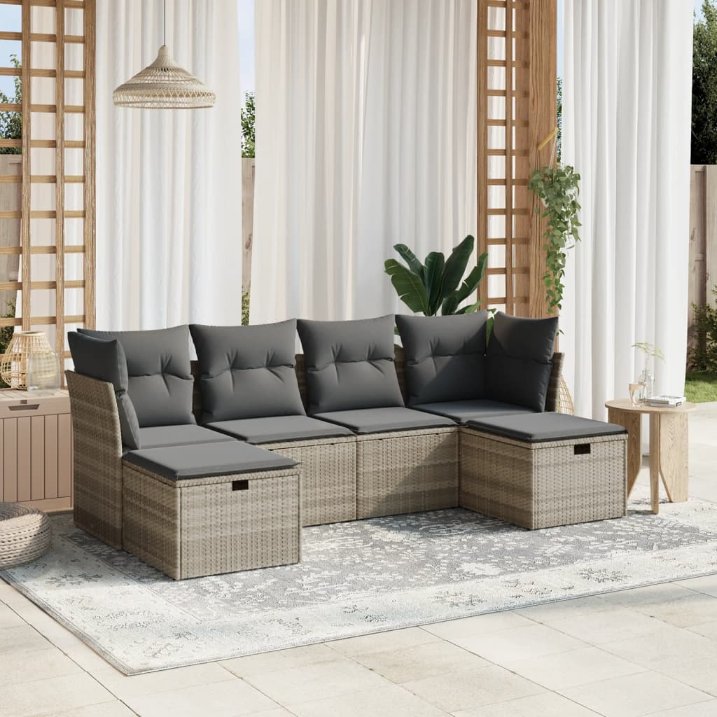 6-tlg. Garten-Sofagarnitur mit Kissen Schwarz Poly Rattan