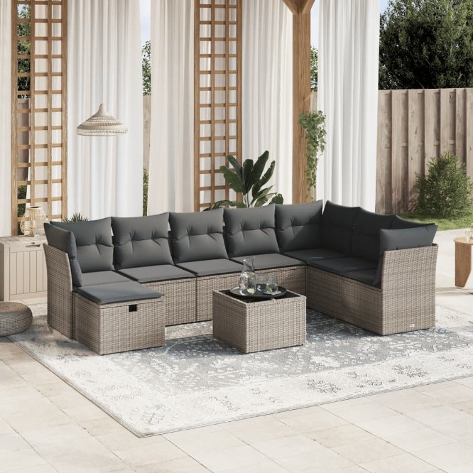 8-tlg. Garten-Sofagarnitur mit Kissen Schwarz Poly Rattan