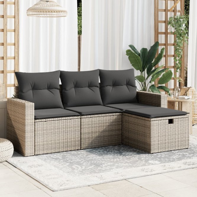 4-tlg. Garten-Sofagarnitur mit Kissen Schwarz Poly Rattan