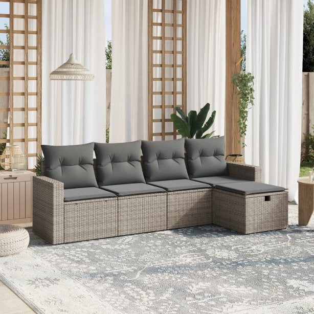 5-tlg. Garten-Sofagarnitur mit Kissen Schwarz Poly Rattan