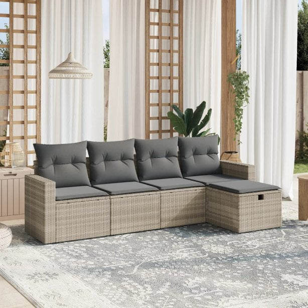 5-tlg. Garten-Sofagarnitur mit Kissen Schwarz Poly Rattan