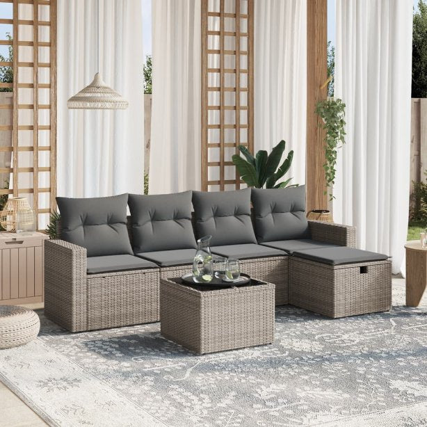 5-tlg. Garten-Sofagarnitur mit Kissen Schwarz Poly Rattan