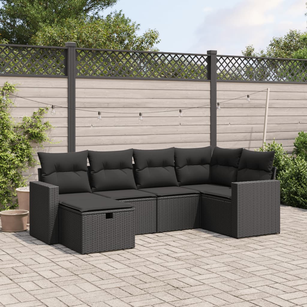 6-tlg. Garten-Sofagarnitur mit Kissen Schwarz Poly Rattan