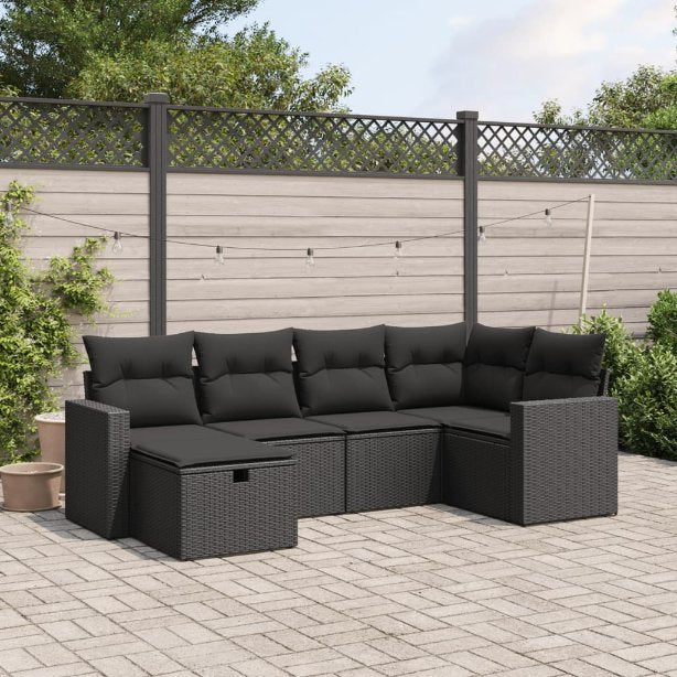 6-tlg. Garten-Sofagarnitur mit Kissen Schwarz Poly Rattan