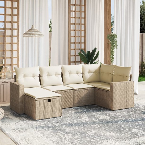 6-tlg. Garten-Sofagarnitur mit Kissen Schwarz Poly Rattan
