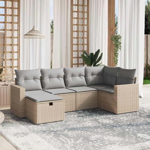 6-tlg. Garten-Sofagarnitur mit Kissen Schwarz Poly Rattan