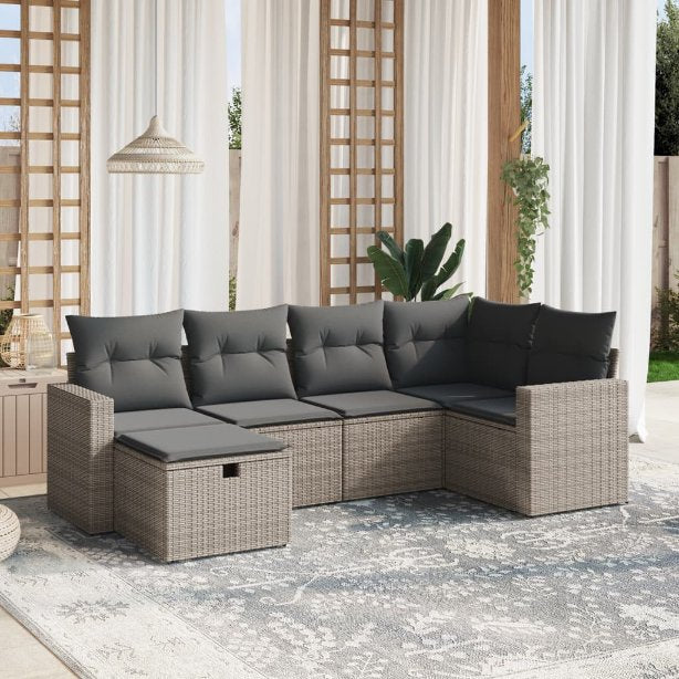 6-tlg. Garten-Sofagarnitur mit Kissen Schwarz Poly Rattan