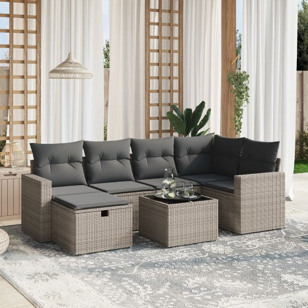 6-tlg. Garten-Sofagarnitur mit Kissen Schwarz Poly Rattan