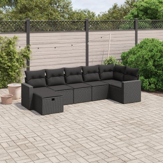 7-tlg. Garten-Sofagarnitur mit Kissen Schwarz Poly Rattan