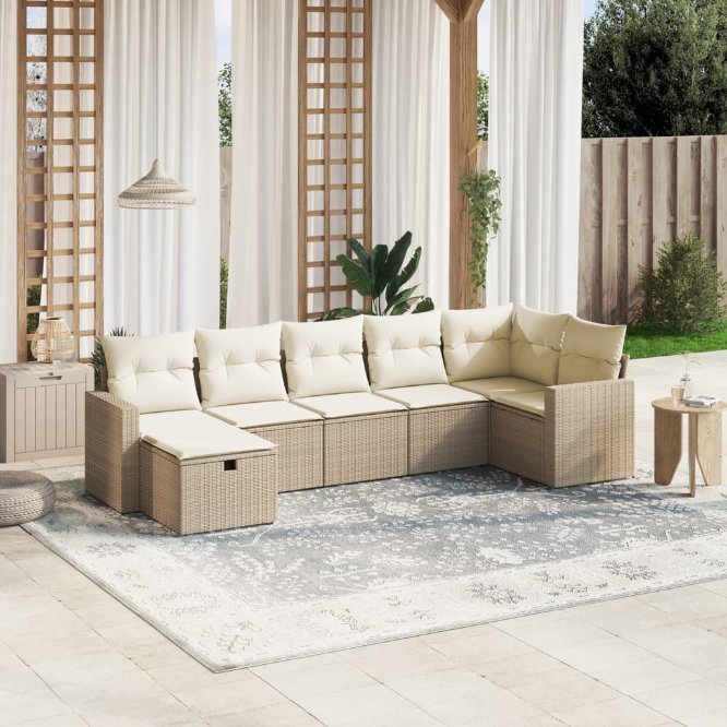 7-tlg. Garten-Sofagarnitur mit Kissen Schwarz Poly Rattan