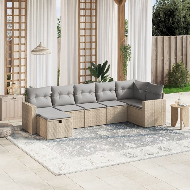 7-tlg. Garten-Sofagarnitur mit Kissen Schwarz Poly Rattan