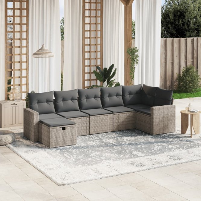 7-tlg. Garten-Sofagarnitur mit Kissen Schwarz Poly Rattan