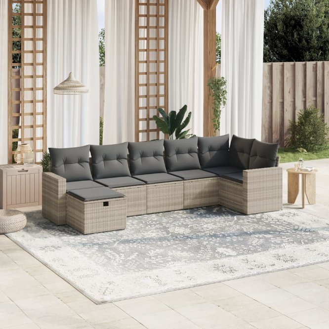 7-tlg. Garten-Sofagarnitur mit Kissen Schwarz Poly Rattan