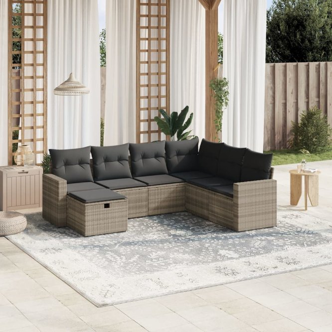 7-tlg. Garten-Sofagarnitur mit Kissen Schwarz Poly Rattan
