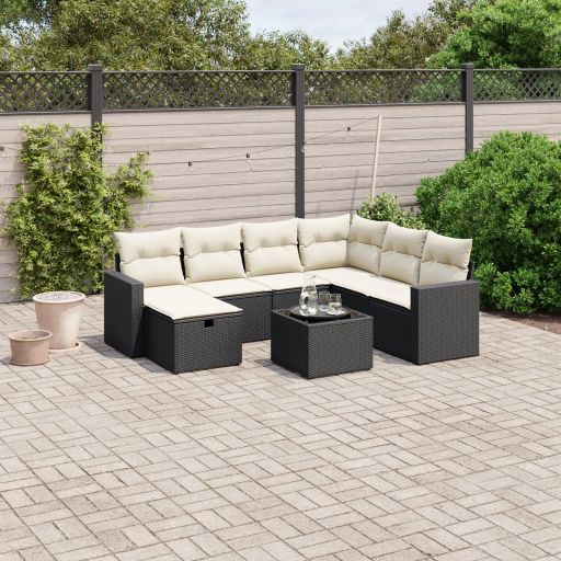 7-tlg. Garten-Sofagarnitur mit Kissen Schwarz Poly Rattan
