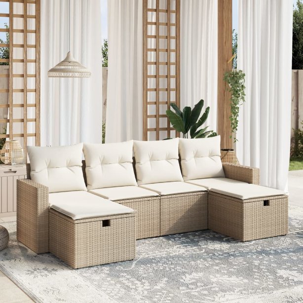 6-tlg. Garten-Sofagarnitur mit Kissen Schwarz Poly Rattan