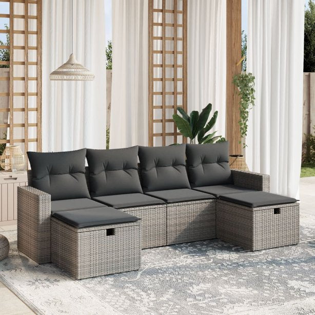 6-tlg. Garten-Sofagarnitur mit Kissen Schwarz Poly Rattan
