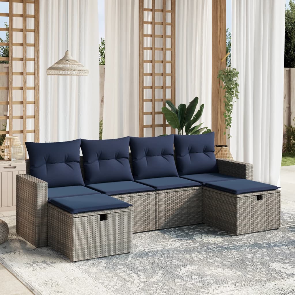 6-tlg. Garten-Sofagarnitur mit Kissen Grau Poly Rattan