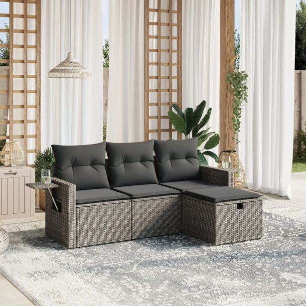 4-tlg. Garten-Sofagarnitur mit Kissen Schwarz Poly Rattan