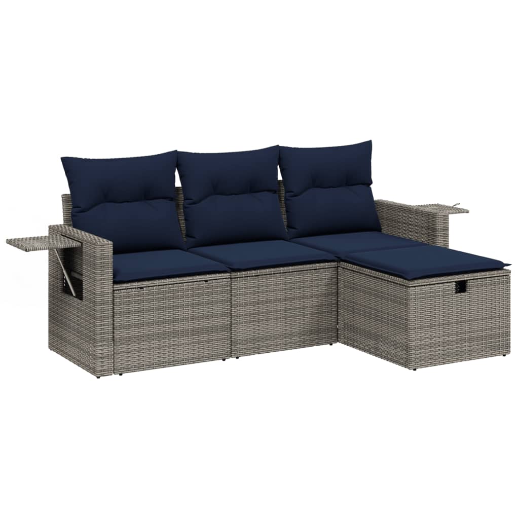 4-tlg. Garten-Sofagarnitur mit Kissen Grau Poly Rattan